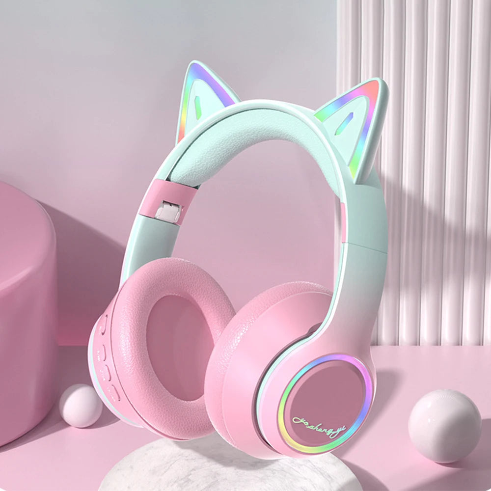 RGB Cat Ear Bluetooth Headphones For Girls Gradient Wireless Headphones With Microphone Stereo Music Game Earphones Kids Gifts