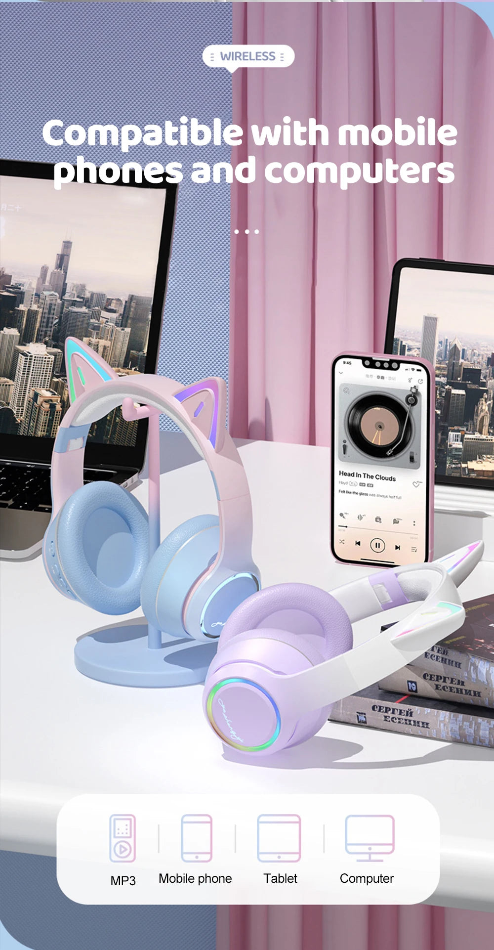 RGB Cat Ear Bluetooth Headphones For Girls Gradient Wireless Headphones With Microphone Stereo Music Game Earphones Kids Gifts