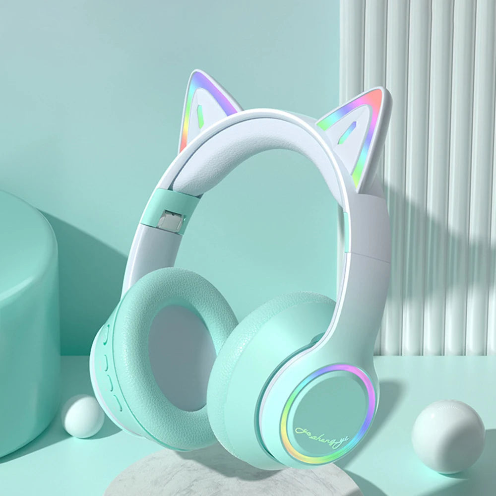 RGB Cat Ear Bluetooth Headphones For Girls Gradient Wireless Headphones With Microphone Stereo Music Game Earphones Kids Gifts