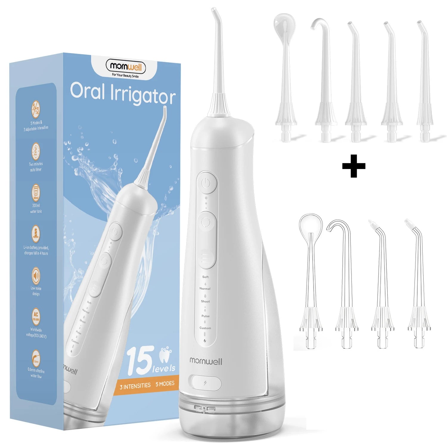 Portable Oral Irrigator with 5 Jet Tips , 5 Cleaning Modes of 3 water pressure , 300ml Water Tank IPX7 Waterproof Water Flosser