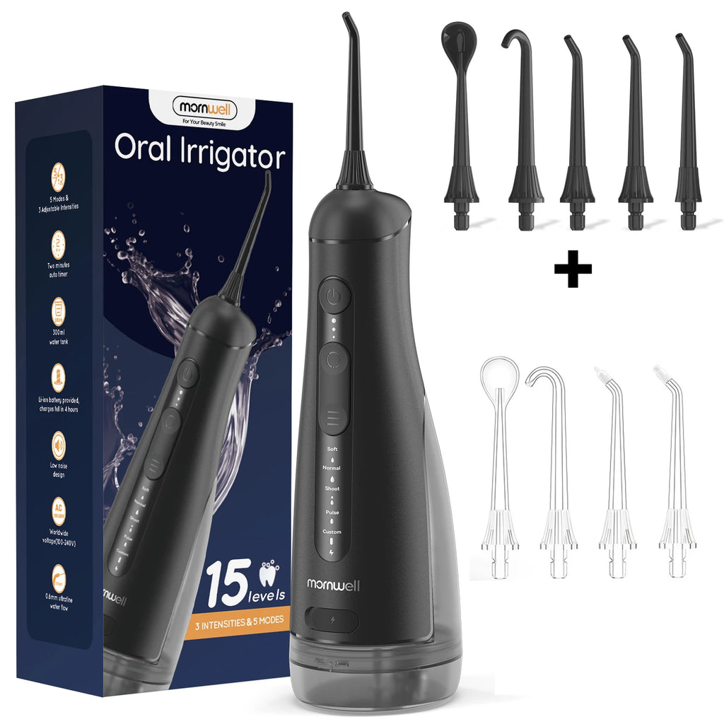 Portable Oral Irrigator with 5 Jet Tips , 5 Cleaning Modes of 3 water pressure , 300ml Water Tank IPX7 Waterproof Water Flosser