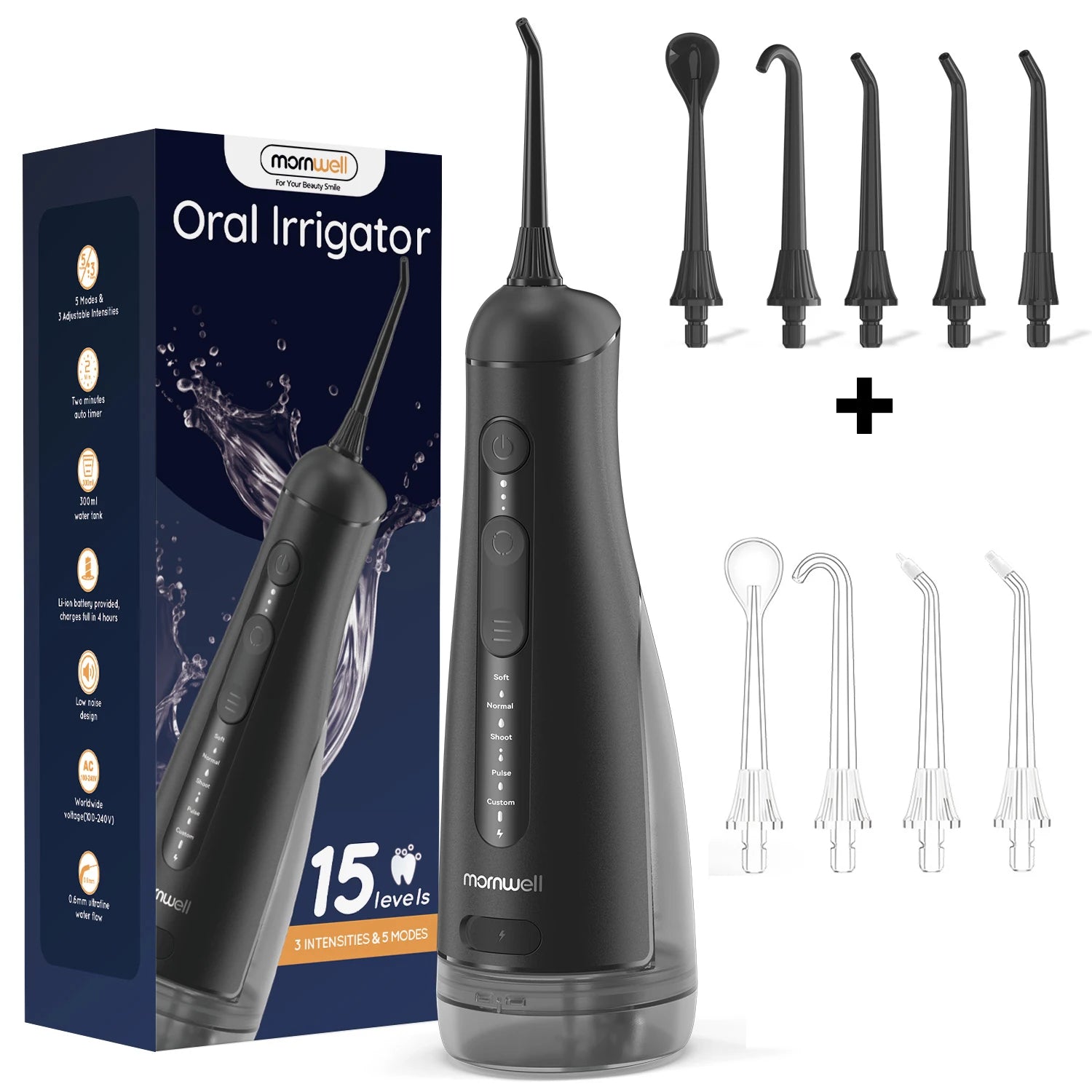 Portable Oral Irrigator with 5 Jet Tips , 5 Cleaning Modes of 3 water pressure , 300ml Water Tank IPX7 Waterproof Water Flosser