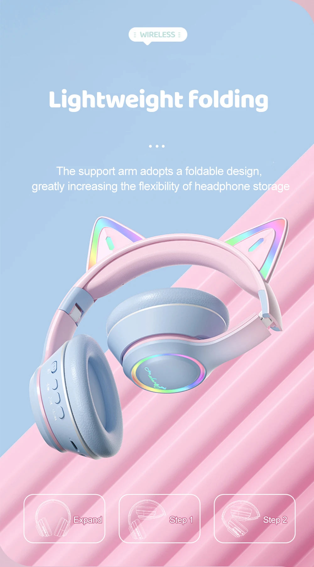 RGB Cat Ear Bluetooth Headphones For Girls Gradient Wireless Headphones With Microphone Stereo Music Game Earphones Kids Gifts