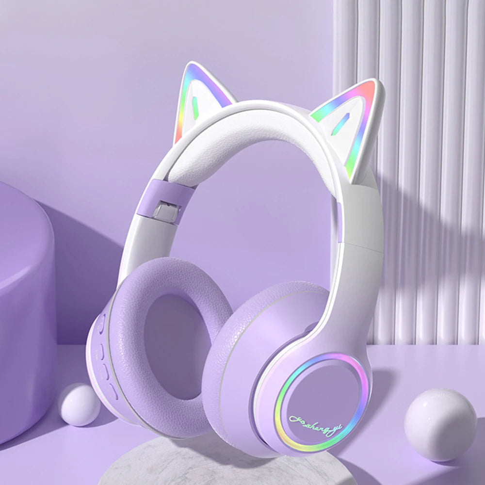 RGB Cat Ear Bluetooth Headphones For Girls Gradient Wireless Headphones With Microphone Stereo Music Game Earphones Kids Gifts