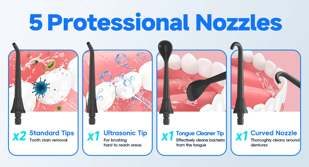 Portable Oral Irrigator with 5 Jet Tips , 5 Cleaning Modes of 3 water pressure , 300ml Water Tank IPX7 Waterproof Water Flosser